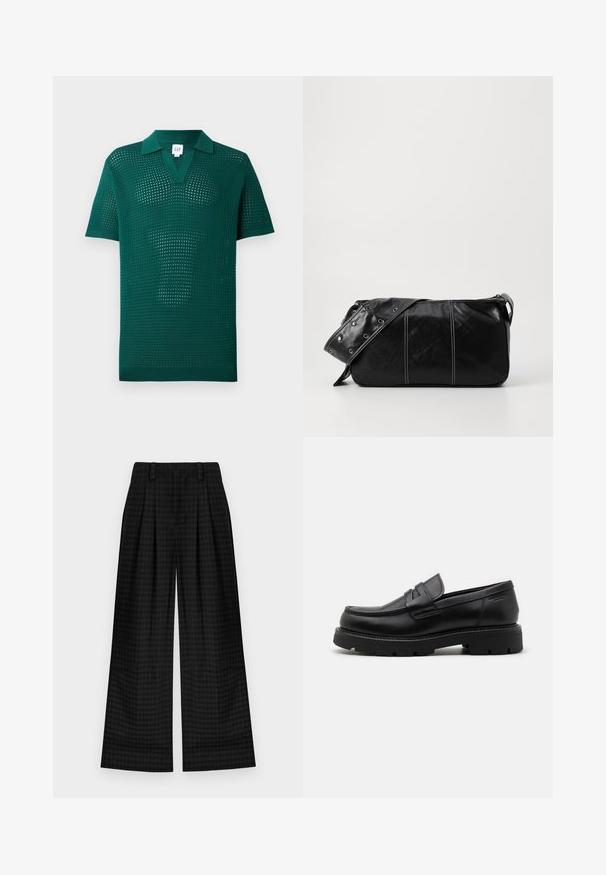 Polo verde tricotat cu un țesut deschis texturat, cu mâneci scurte și guler clasic. Prezintă un design în formă de V și tiv cu nervuri.; Pantaloni largi cu carouri negre, cu pliseuri, având o textura netedă și un design clasic. Material ușor pentru confort.; Mocasiini negre din piele, cu vârf rotunjit, accente texturate pe partea din față și o talpă din cauciuc masivă, cu caneluri pentru aderență.; Geantă de umăr din piele neagră cu închidere cu fermoar, având un corp texturat, cusături albe și o curea cu ochiuri argintii.
