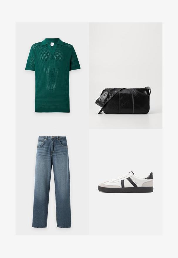 Zelený pletený polo tričko s texturovaným otevřeným tkaním, krátkými rukávy a klasickým límcem. Obsahuje design ve tvaru V a žebrovaný lem.; Džíny s rovnými nohavicemi, modré jeansy s vybledlým vzhledem, s pěti kapsami, kovovým knoflíkem a poutky na opasek. Strukturovaná, středně těžká látka.; Bílé tenisky s černými a šedými akcenty, opatřené texturovaným šedým prstovým krytem, černou gumovou podrážkou a plochými bílými tkaničkami. Čistý design, minimalistický styl.; Černá kožená kabelka přes rameno se zapínáním na zip, s texturovaným tělem, bílým prošíváním a popruhem se stříbrnými očky.