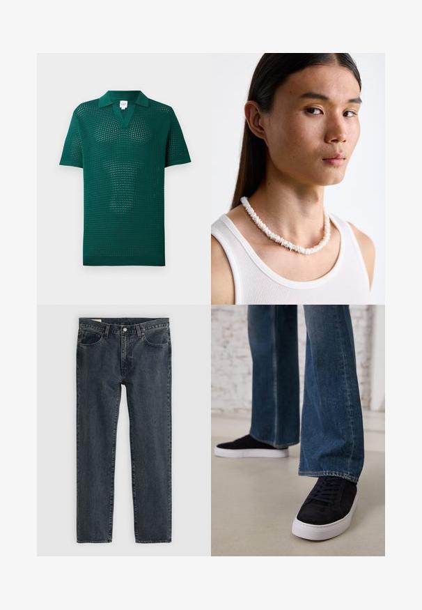 Camisa polo tricotada verde com um tecido texturizado de trama aberta, mangas curtas e gola clássica. Apresenta um design em formato de V e bainha canelada.; Jeans de denim azul-escuro com um design de perna reta, cinco bolsos e fecho com botão. O tecido apresenta um desvanecimento sutil e textura.; Tênis de camurça azul escuro com sola de borracha branca e atacadores, combinados com jeans de perna larga em um tom de azul médio.; Colar de conchas brancas composto por formas irregulares, usado sobre uma camisola justa branca. Textura suave com um brilho subtil, design justo.