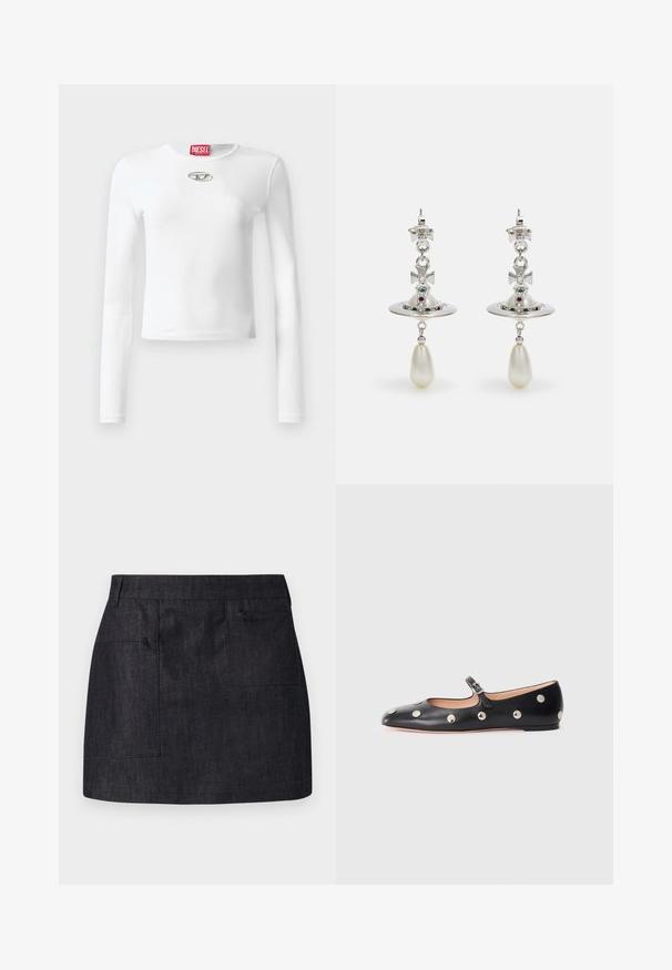 Bela majica z dolgimi rokavi iz gladkega materiala, ki ima okroglo izrez in srebrno logotipno podrobnost na sredini prsnega dela.; Temna denim krila s ravnim krojem, ki ima dve sprednji žepki in subtilno teksturo. Čista obrobi in standardna zasnova pasu.; Črne usnjene Mary Jane balerinke z zaobljenim noskom, opremljene z zlatimi krožnimi mošnjo in nastavljivim trakom z zaponko.; Srebrni uhani z okroglo zanko, okrašeni s sijočimi kamni in kapljičasto biserno obeskom. Oznaka svojstvene zasnove z zapletenimi detajli.