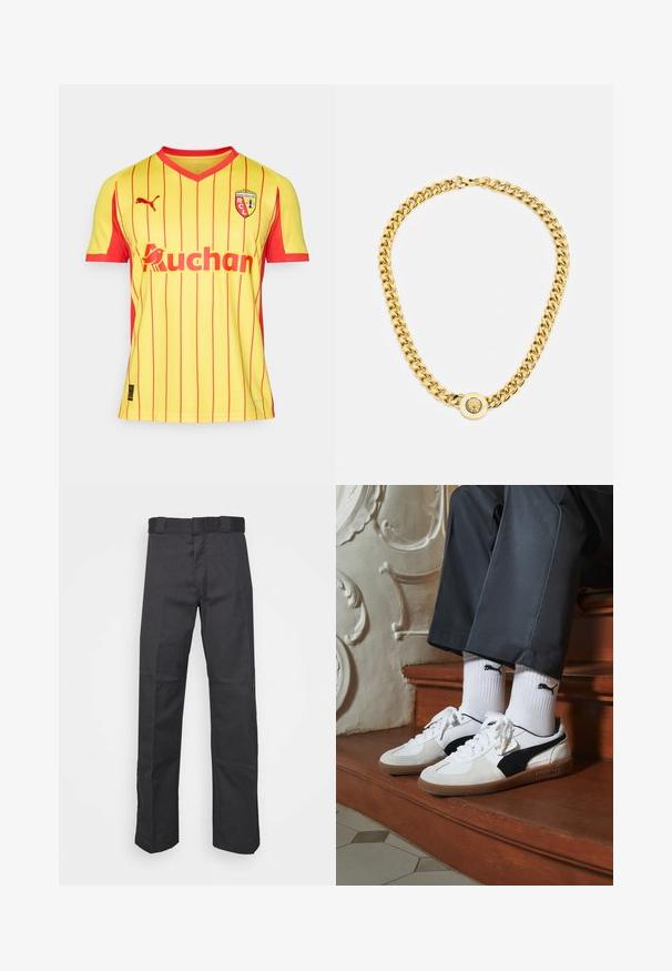 Den gula och röda randiga fotbollströjan har Puma-logotypen och sponsorlogotypen "Auchan", med RCL-emblemet på vänster bröst.; Svarta byxor av slitstark tyg med rak bendesign, midja med bälteshål och sömmar för extra struktur.; Puma-sneakers i vit och svart mocka, med en brun gummisula. Kombinerade med vita strumpor som visar upp en svart logotyp, bärs tillsammans med mörka byxor.; Guldhalsband med stora sammanlänkade kedjor, med en cirkulär hängare i mitten som har en upphöjd emblem.