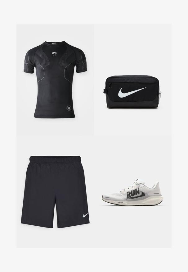 Juodas trumpas sportinis marškinėlis su tekstūruotomis dalimis, baltomis plonomis lenktomis linijomis, ilčių logotipu ant krūtinės ir apvaliu našumo ženkleliu šalia apvado.; Juodos sportinės šortai, pagaminti iš lengvos medžiagos, su elastingu juosmeniu. Ant apatinės kairės pusės yra mažas baltas Nike logotipas.; Balti sportiniai bateliai su tinkleliu, dideliu juodu "RUN" spaudiniu, šviesiai pilkais akcentais ir paminkštintu padu su "AIR 200M" ženklu.; Juodas Nike tualetinis maišelis su lygiu paviršiumi, turintis baltą "swoosh" logotipą, viršuje užtrauktuką ir šoninį kišenių.