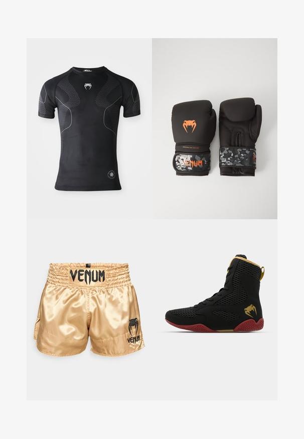 Tricou sport cu mânecă scurtă, de culoare neagră, cu panouri texturate, linii curbe subțiri albe, un logo în formă de colți pe piept și un badge de performanță rotund aproape de tiv.; Pantaloni scurți de box din satin auriu cu logo-ul negru "VENUM" pe talie și pe lateral, având o textură netedă și o talie elastică pentru confort.; Shoe sportiv înalt, realizat din plasă neagră și material sintetic, cu accente texturate, talpă din cauciuc roșu și detalii aurii la glezna.; Mănuși de box negre cu un finisaj mat și design ergonomic. Detalii cu logo portocaliu și curele pentru încheietură cu model de camuflaj.