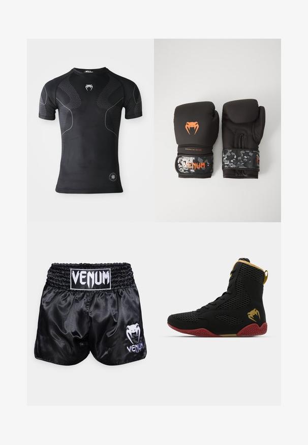 Svart kortermet treningsoverdel med teksturerte paneler, tynne hvite buede linjer, en fang-logo på brystet, og et rundt prestasjonsmerke nær kanten.; Sorte sateng bokse-shorts med en elastisk talje; har et hvitt logo og snake-design på venstre bein. Glatt tekstur.; Høy topp idrettssko med svart mesh og syntetisk materiale, teksturerte detaljer, rød gummisåle og gullfarge på ankelen.; Svarte boksinghansker med matt finish og ergonomisk design. Oransje logo-detaljer og håndleddsstropper med kamuflasjemønster.