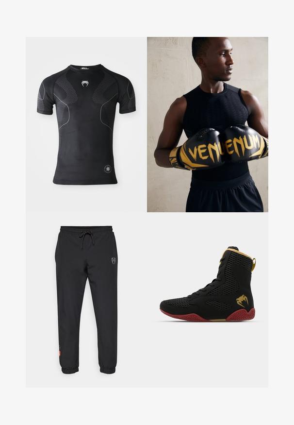 Black short-sleeve athletic shirt with textured panels, white thin curved lines, a fang logo on chest, and a round performance badge near the hem.; Black jogger pants made of lightweight material, featuring an elastic waistband with drawstring, tapered legs, and logo accents on the front.; High-top athletic shoe with black mesh and synthetic material, textured accents, red rubber sole, and gold detailing on the ankle.; Black boxing gloves with gold accents and "VENUM" branding. The athlete wears a sleeveless black top, showcasing a muscular physique.