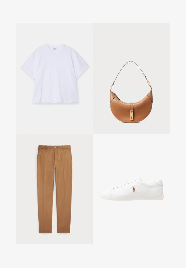 T-shirt bianco a maniche corte realizzato in cotone. Presenta un collo rotondo, una vestibilità rilassata e una texture liscia. Design semplice senza motivi o accenti.; Pantaloni in cotone marrone con un design slim-fit, frontale piatto e tasche standard; texture liscia e orli rifiniti.; Sneakers in pelle bianca, design low-top, caratterizzati da una texture liscia, punta rotonda, chiusura con lacci e un piccolo logo ricamato sul lato.; Borsa a tracolla in pelle color nocciola con forma curva, hardware dorato e tracolla sottile. Presenta una chiusura con zip e dettagli con logo sulla parte anteriore.