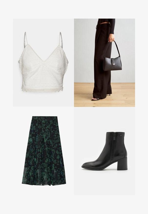 Valge pitsiline rinnahoidja V-dekoltee, reguleeritavad õhukesed rihmad ja laineline äär. Omab keerukaid lille- ja geomeetrilisi mustreid.; Must have mustriga mustroomi lilla roheline lilleline muster, millel on frillied servad ja voldid. Valmistatud kergetest kangast, pakkudes voogavat siluetti.; Mustad mustad saapad, valmistatud siledast nahast, külgmise tõmblukuga. Omab teravat nina ja tekstuuriga plokkninat stabiilsuse tagamiseks.; Must musta kott, millel on struktureeritud kuju, sile tekstuur ja metallist klamber. Kombineeritud laiate mustade pükstega ja avatud varvaste sandaalidega puidust põrandal.