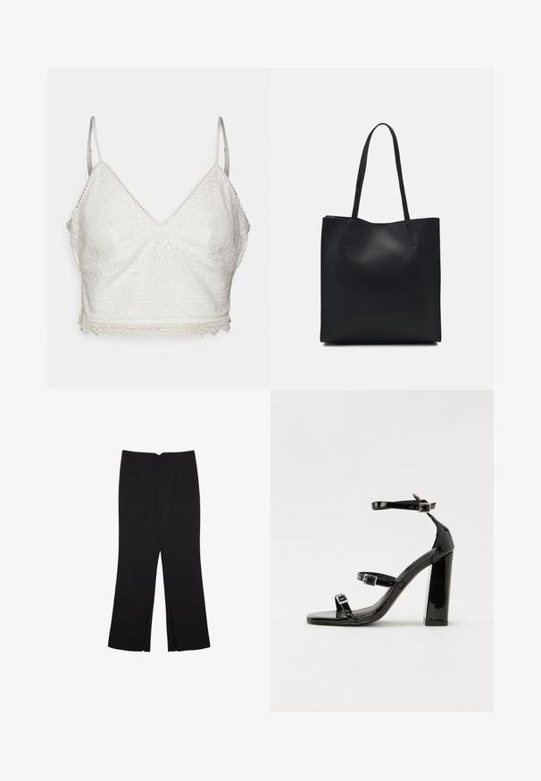Bela čipkasta bralette z V-izrezom, nastavljivimi tankimi naramnicami in valovitim robom. Ima zapletene cvetlične in geometrijske vzorce.; Črne hlače ravnega kroja z naglavnimi žepi in stranskimi razporki na robu. Narejene iz mehke, gladke tkanine. Primerne za različne priložnosti.; Črne lakirane sandale s peto, kvadratnim prstom, trakovi okrog gležnja in srebrnimi zaponkami. Opremljene so s stabilno Debelo peto.; Črna usnjena torba s svilnato teksturo, pravokotne oblike in dvema dolgima ročajema. Brez vidnih metalnih delov ali okrasnih elementov.