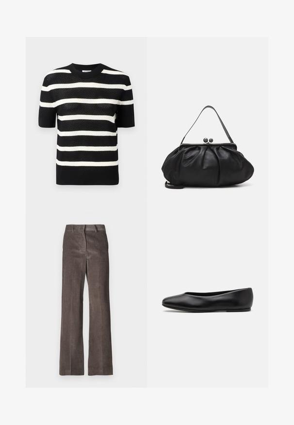 Czarna i biała w paski krótko rękawowa dzianinowa bluzka z okrągłym dekoltem, z teksturowanym wzorem i prostym dołem.; Brązowe spodnie z korduroju z prostymi nogawkami, pionowym prążkowanym wzorem oraz standardowym pasem z szlufkami na pasek.; Paul Smith TOPANGA czarny; Czarna skórzana torebka o zaokrąglonym, plisowanym wzorze. Posiada metalowy zamek z dwoma dekoracyjnymi kulkami oraz smukły, odpinany pasek.