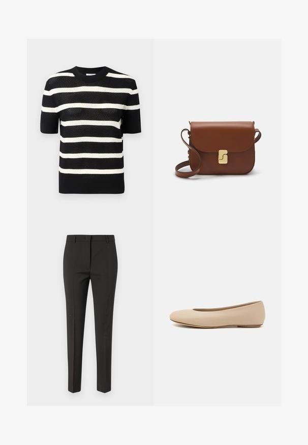 Top tricotat cu mânecă scurtă, în dungi alb-negru, cu decolteu rotund, având un model texturat și un tiv drept.; Pantaloni negri ajustați, cu croială dreaptă, având o textură netedă și fără modele sau embellishments vizibile.; Balerini din piele bej, cu vârful rotund, detalii de cusătură minime, toc mic și un logo subtil pe partea din spate. Textură netedă, mată.; Geantă de piele maro cu închidere tip capac, accesorii de culoare aurie, curea de umăr și o textură netedă. Formă compactă și rectangulară.