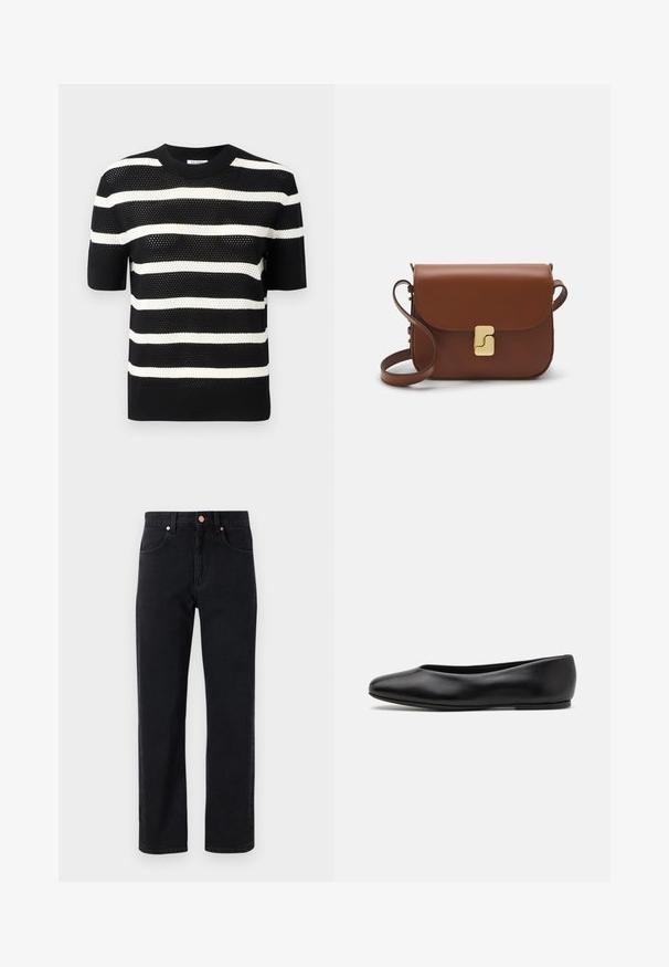 Schwarz-weiß gestreiftes kurzärmliges Strickoberteil mit rundem Ausschnitt, das ein strukturiertes Muster und einen geraden Saum aufweist.; Schwarze Jeans aus Denim mit geradem Bein, Fünf-Taschen-Design, Kupferknopfdetails und minimal sichtbaren Nähten.; Paul Smith TOPANGA - Klassischer Ballerina - black; Braune Ledertasche mit Klappenverschluss, Beschlägen in Goldfarbe, einem Schultergurt und einer glatten Oberfläche. Kompakte rechteckige Form.
