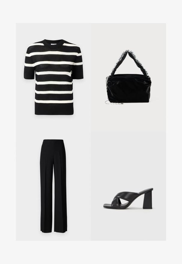 Mustra mustri mustriga lühikeste varrukatega värvitud särk, ümmarguse kaelusega, millel on tekstuurmustrite ja sirge äärega.; Mustad laiad püksid mustas värvitoonis, sujuva tekstuuri ja kõrge vöökoha ning keskmiste voldikutega. Ilma nähtavate mustrite või tarvikute detailideta.; MAX&Co. SOHO - Kõrge kontsaga sandaalid - schwarz; Must mustrepp nahkakäekott, millel on tekstuuriga viimistlus, esitades pehme hõbedase aktsendi pealt käepideme juures ja kettainet.