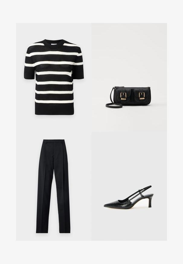Top a maniche corte in tricot a righe bianco e nere con collo rotondo, caratterizzato da un motivo testurizzato e un orlo dritto.; Pantaloni neri realizzati in tessuto morbido, caratterizzati da vita alta, gambe larghe, pince frontali e classiche passanti per cintura. Non ci sono tasche laterali visibili.; Slingback con tacco in vernice nera con punta affusolata, caratterizzato da una stampa a serpente testurizzata, cinturino regolabile e un tacco corto e testurizzato.; Borsa a tracolla nera in pelle con due tasche frontali, fibbie dorate, chiusura con zip e una tracolla sottile. Superficie texturizzata e forma rettangolare compatta.