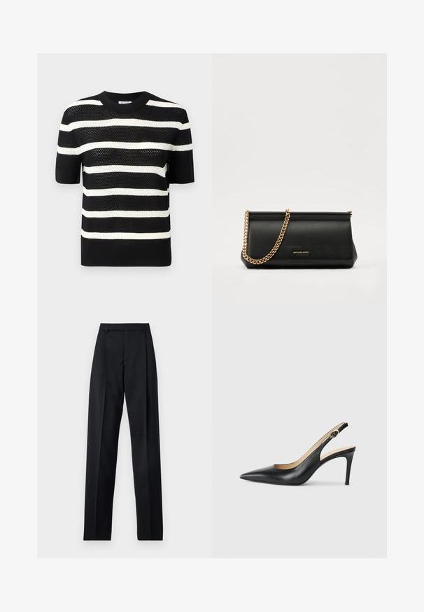 Svart och vit randig kortärmad stickad topp med rund halsringning, med en texturerad mönster och rak fåll.; Svarta byxor i mjukt tyg med hög midja, vida ben, framfickor och klassiska bältesöglor. Inga sidofickor synliga.; Svarta läder slingback-högklackade skor med spetsig tå, justerbar rem och en smal stilettklack, med en slät finish.; Svart läderclutch med en guldkedjesjal, med en slät yta, rektangulär form och präglad märkning på framsidan.