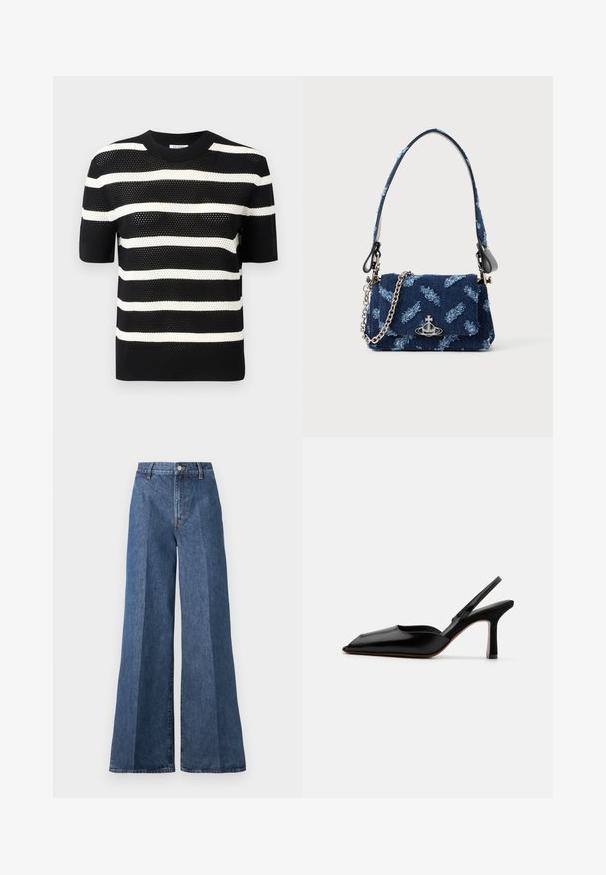 Melnā un baltā svītrainā īsām piedurknēm adīta blūze ar noapaļotu kakla izgriezumu, kurai ir teksturēts raksts un taisna apakšmalu.; Platām kājām zili denim džinsi ar augstu jostasvietu, ar klasisko piecu kabatu dizainu un pogu aizdari, izgatavoti no teksturēta kokvilnas auduma.; Melnas ādas slingback kurpes ar norādītu purngalu, minimālisma dizainu, plānu potītes jostu un elegantām stiletto papēžiem. Gluda tekstūra.; Tumši zils auduma rokassomiņa ar struktūrētu dizainu, sudraba detaļām un noņemamu ķēdes siksnu. Ietver salocītu aizdari un logotipa akcentu.