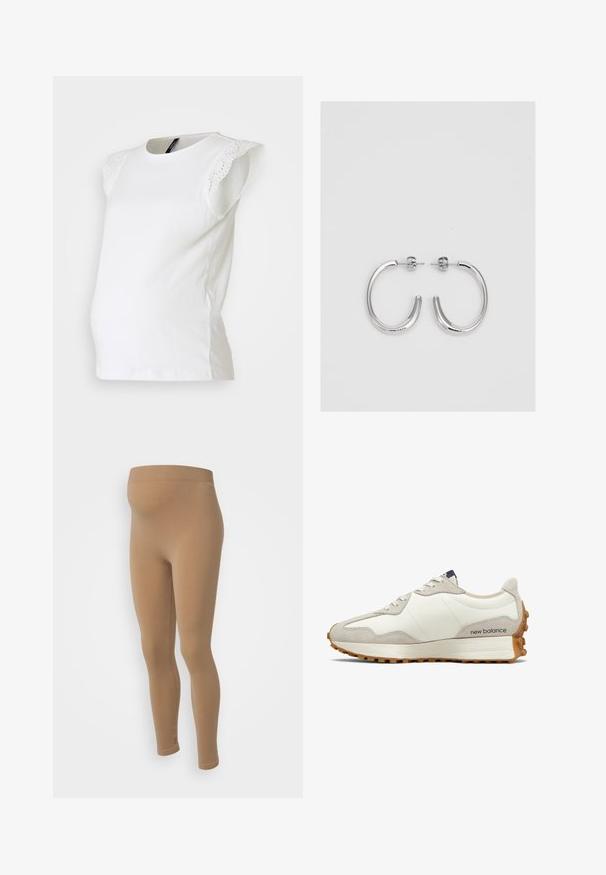 Valkoinen äitiystoppu lyhyillä, röyhelöillä hihoilla, joissa on pitsiyksityiskohtia. Pehmeä puuvillakangas kaarevalla siluetilla, suunniteltu mukavuutta varten.; Beige ribba raska leggings med hög midja. Tillverkade av elastisk tyg, designade för att passa bekvämt under graviditeten. Sömlöst utförande.; Valkoiset ja beige tennarit, joissa on sileä nahkapäällinen, mokkanahkakoristeet, pyöreä kärki ja teksturoitu kumipohja. Brändin nimi painettuna sivulle.; Hopehopeet hopehopeet hopehopeet hopehopeet, jolla on sileä, kiiltävä pinta. Pyöreä muoto, kevyt rakenne, jossa on neulakiinnitys.