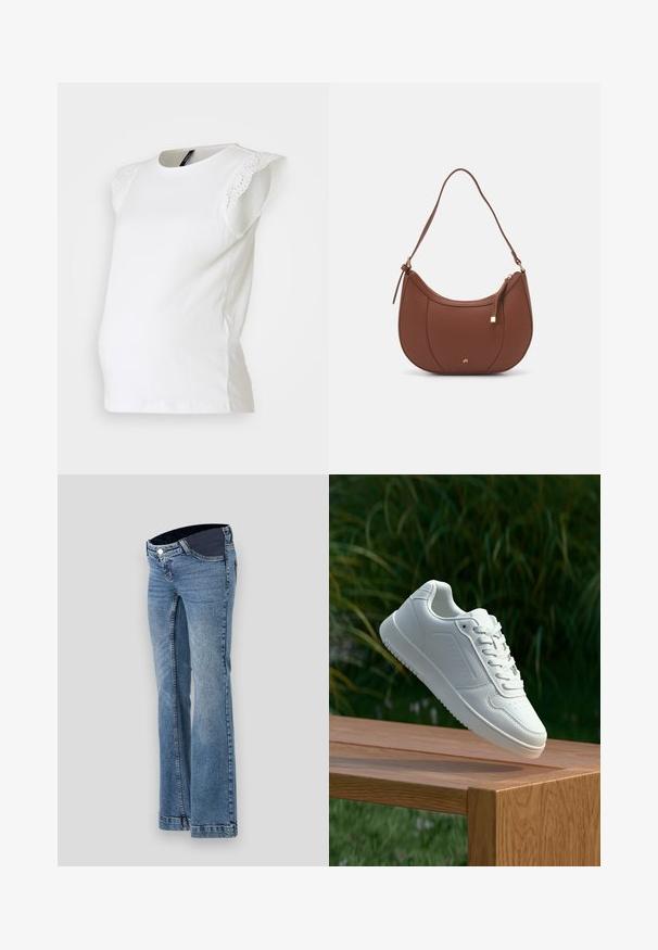 Bijela trudnička bluzica s kratkim, volanima rukavima s čipkastim detaljima. Mekani pamučni materijal s zakrivljenim siluetom, dizajnirana za udobnost.; Svijetloplave traperice s krojem nogavica koje se šire, s tamnim pojasom i stilom od pet džepova, završene s vidljivim detaljima šivanja.; Bijela tenisica sa glatkim sintetičkim gornjim dijelom, perforiranim prednjim dijelom, ravnim vezicama i teksturiranom potplatom, prikazana na drvenoj površini.; Smeđa torba od umjetne kože s zakrivljenim oblikom, minimalnim šavovima i zlatnim metalnim detaljima. Ima zatvaranje na gornjoj strani sa patentnim zatvaračem i podesivu naramenicu.