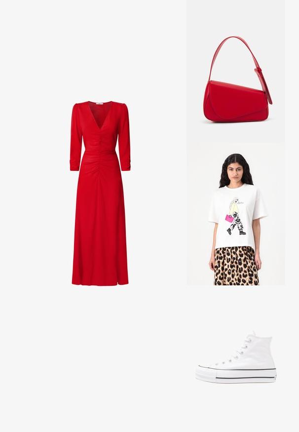 Hvid t-shirt med et grafisk design af en figur i en gul top og sorte blomstrede bukser, der bærer en lyserød håndtaske. Korte ærmer, afslappet pasform.; Rød kjole med V-udskæring, trekvartlange ærmer og draperet detaljering i livet og på ryggen. Stoffet ser glat og let ud.; Hvide høje kanvas sneakers med sort gummisål, gummitåhætte foran og seks øjehuller til snørebånd, der har et rent, minimalistisk design.; Rød læderhåndtaske med et kantet, geometrisk design. Har en enkelt justerbar rem og en klaplukning med syede detaljer.