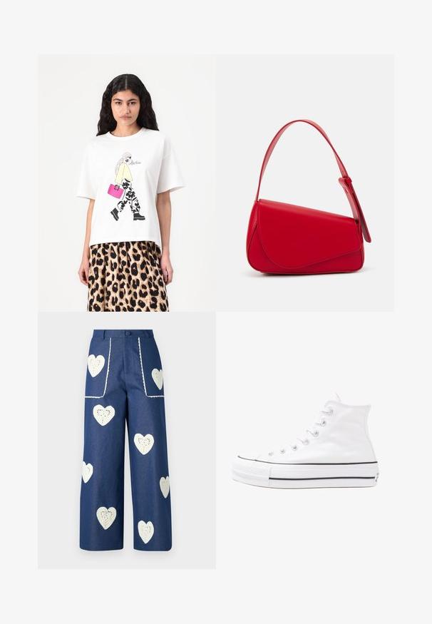 Balta T-kretā ar grafisko dizainu, attēlojošu figūru dzeltenā topā un melnos ziedu biksēs, kas tur rozā rokassomu. Īsas piedurknes, brīvs griezums.; Sister Jane HEART TO HEART - Džinsi ar taisnām starām - blue denim; Balti augstie kanvas sporta apavi ar melnu gumijas zoli, priekšējo gumijas purngalu un sešām acīm lencēm, kuriem ir tīrs, minimālistisks dizains.; Sarkans ādas rokassomi ar stūrainu, ģeometrisku dizainu. Iekļauj vienu regulējamu siksnu un vāku ar izšūtu detaļu.