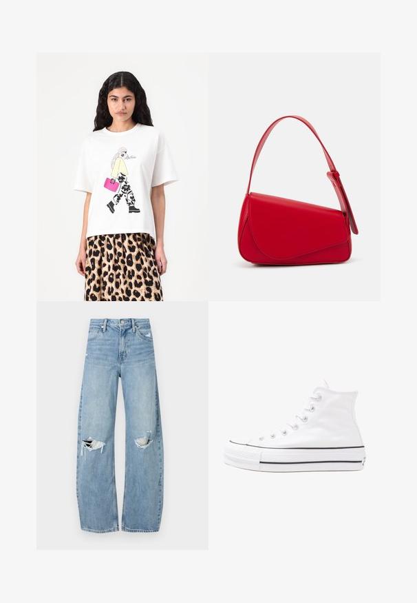 Weißes T-Shirt mit einem grafischen Design einer Figur in einem gelben Oberteil und schwarzen Blumenhose, die eine rosa Handtasche trägt. Kurze Ärmel, lockere Passform.; Helles, hochtailliertes Jeans aus Denim. Hat weit geschnittene Beine, zwei aufgerissene Kniebereiche und klassischen Fünf-Taschen-Stil.; Weiße hochwertige Leinensneaker mit schwarzer Gummisohle, vorderem Gummizehenschutz und sechs Ösen für Schnürsenkel, die ein sauberes, minimalistisches Design aufweisen.; Rote Lederhandtasche mit einem kantigen, geometrischen Design. Verfügt über einen verstellbaren Schulterriemen und einen Klappenverschluss mit genähten Details.