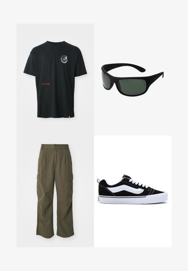 T-shirt noir à manches courtes avec un petit graphique de fossile blanc sur la poitrine et le texte orange "Fossiles du Texas" près du coin inférieur gauche.; Pantalons cargo en vert olive, en coton, avec une coupe large, des plis et des poches latérales pour plus de praticité.; Baskets en daim noir avec des accents blancs, présentant un design à tige basse, un laçage et une épaisse semelle en caoutchouc blanc. Logo de la marque au niveau du talon.; Lunettes de soleil noires entourantes avec des verres vert foncé. Fini mat, design incurvé, avec des branches droites et un logo discret sur le côté.; Ensemble de sept bagues en argent présentant divers designs, notamment des motifs torsadés, entrelacés et gravés. Différentes formes et largeurs.