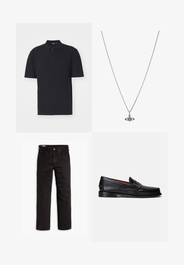 Camisola pólo preta feita de algodão, com gola estruturada, botão de dois fechos, mangas curtas e logótipo em relevo no lado esquerdo do peito.; Jeans de denim pretos de perna reta com cinco bolsos, fecho de botão e passantes para cinto, dispostos em uma superfície branca.; Mocassins de couro preto com acabamento liso, bico arredondado e uma faixa decorativa na parte superior. Apresentam uma sola preta baixa.; Colar de corrente prateada com um pendente detalhado em forma de planeta, adornado com pequenos detalhes e padrões intrincados.