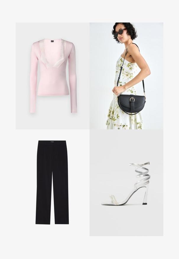 Gara piedurkne topi gaiši rozā audumā ar dziļu V veida kakla izgriezumu, kas rotāts ar mežģīnēm ap kakla izgriezumu. Mīksta tekstūra un pieguļošs dizains.; Melni korduroja bikses ar taisnu piegriezumu, ar plakanu jostasvietu un bez redzamām kabatām, gluda tekstūra un vertikālas ribas detaļa.; Sudrabaini augstpapēžu sūna ar spīdīgu siksnu dizainu, kurā ir pērlēm līdzīgs akcents un spirālveida potītes siksna drošai pieguvei.; Melnas ādas rokassoma ar izliekta formu, noņemamu siksnu un zelta aksesuāriem. Somai ir vāciņš ar sprādzes detaļu.