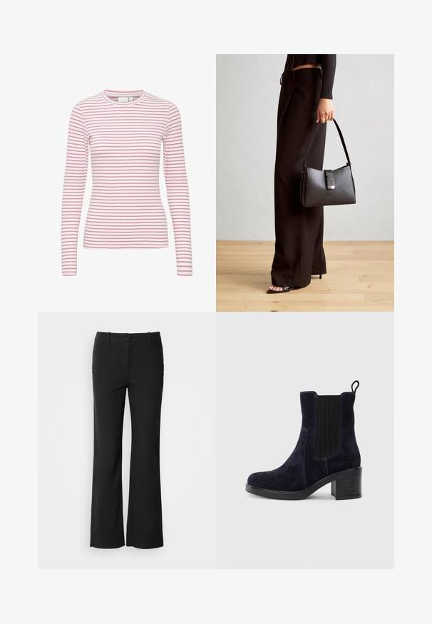 Long-sleeve striped t-shirt, featuring pink and white horizontal stripes, round neck, soft fabric, and a fitted silhouette.; Black cotton blend trousers with a straight-leg design, front button closure, and two side pockets. Smooth texture, no visible patterns.; Navy blue suede ankle boot with elastic side panel, rounded toe, and block heel. Textured fabric and smooth sole add contrast.; Black handbag with structured shape, smooth texture, and a metallic clasp. Paired with wide black pants and open-toe sandals on wooden floor.
