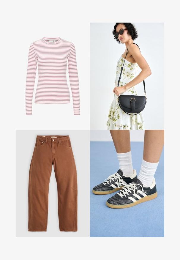 Pikkade varrukatega triibuline T-särk, millel on roosa ja valge horisontaalne triip, ümar kaelus, pehme kangas ja keha järgiv siluett.; Rostpruun sirged püksid ees- ja taga-taskutega, metallist nurgad, nööbiga sulgemine ja vööloopidega, lamades tasaseks valgel taustal.; Mustad nahast tennisetossud valgete triipudega, ümar nina, valged paelad ja kummist tallad. Esiletõstetud pehmendatud krae ja brändingu detailid.; Mustmust mustraha kõverate joontega, eemaldatava rihmaga ja kuldsete detailidega. Kotil on klapp, millel on pandladetail.