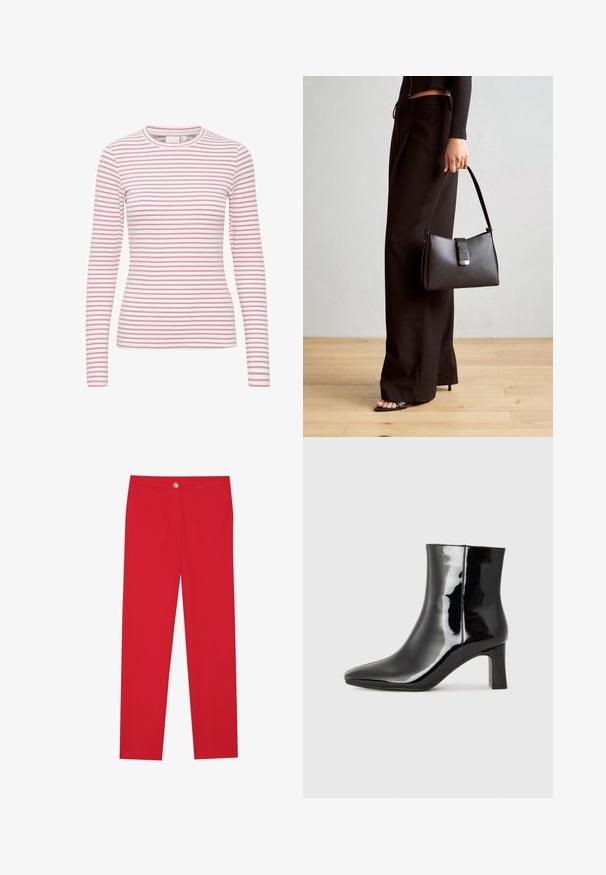 Garās piedurknes svītrainā T-kreklā ar rozā un baltām horizontālām svītrām, apaļa kakla izgriezums, mīksts audums un pieguļošs siluets.; Sarkanas bikses ar taisnas kājas piegriezumu, plakanu priekšpusi, vienu pogu un divām sānu kabatām. Taisna auduma virsma bez redzamām rakstu vai akcentu detaļām.; Melnas patentētas ādas potīšu zābaki ar norādītu pirkstu un vidēja augstuma kvadrātveida papēdi. Gluda tekstūra un minimālisma dizains.; Melnā somiņa ar strukturētu formu, gludu tekstūru un metālu sprādzi. Saskaņota ar platām melnām biksēm un sandālēm ar atvērtu purngalu uz koka grīdas.