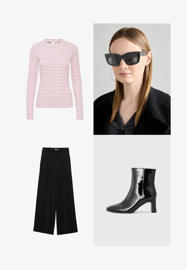 Langærmet stribet t-shirt med pink og hvide vandrette striber, rund hals, blødt stof og en tætsiddende silhouette.; Sorte vide bukser i en tekstureret stofkvalitet, med elastisk talje og et aftageligt bånd i taljen for justerbar pasform.; Sort lakeret ankelstøvle med spids tå og en midt-højde blokhæl. Glat tekstur og minimalistisk design.; Sorte katteøje solbriller med mørke linser, tykke rammer og subtile detaljer. Båret med en sort frakke og en grå bluse, med langt, glat hår.; Sort håndtaske med struktureret overflade, dobbelt topbærere og justerbar skulderrem. Udstyret med guldfarvet metalhardware og sidelommer.