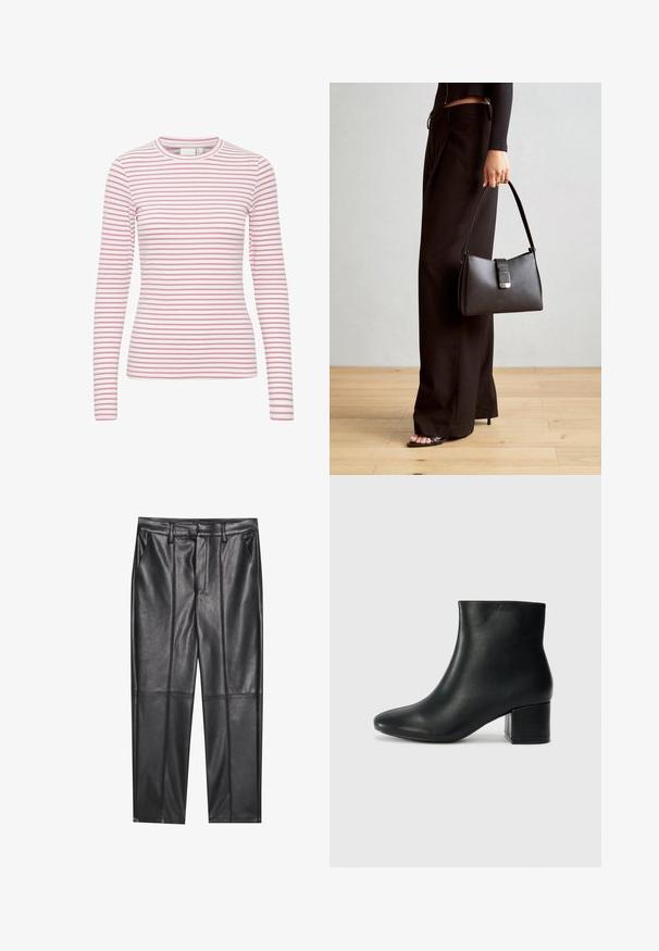Long-sleeve striped t-shirt, featuring pink and white horizontal stripes, round neck, soft fabric, and a fitted silhouette.; Black leather trousers with a smooth texture, featuring a straight fit, two front pockets, and visible seam detailing.; Black leather ankle boots with a pointed toe and a chunky heel. Smooth texture with minimal accents and a sleek, fitted design.; Black handbag with structured shape, smooth texture, and a metallic clasp. Paired with wide black pants and open-toe sandals on wooden floor.