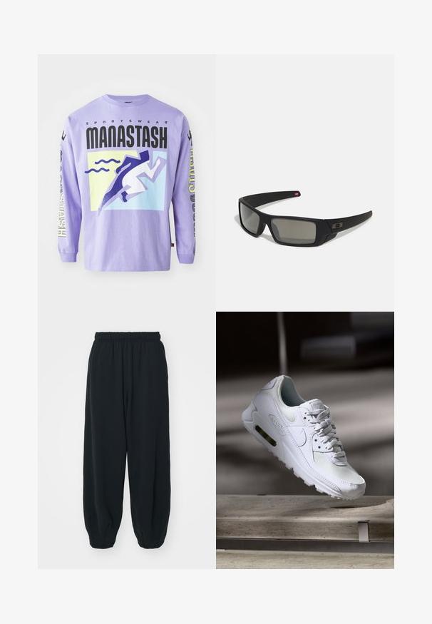 Camiseta de manga larga morada con un diseño gráfico que presenta motivos de corredor estilizados y olas. Material: algodón. El texto incluye "SPORTSWEAR MANASTASH."; Pantalones de chándal negros con cintura elástica, de corte holgado, con puños en los tobillos, textura suave y sin patrones visibles ni acentos metálicos.; Zapatilla Nike Air Max 90 blanca con parte superior de malla y cuero, caja de puntera perforada y unidad de aire visible en el talón.; Gafas de sol negras con acabado mate, lentes rectangulares, ligera curvatura en las patillas, sutil detalle del logo y lentes ahumados.
