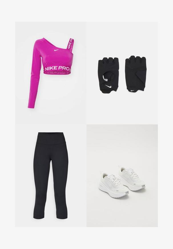 Nike Performance SHINE CROP  - Tops ar garām piedurknēm - hot fuchsia/silver; Melnas apgrieztas legingi, izgatavoti no elastīga auduma, ar augstu jostasvietu un gludu tekstūru, bez redzamām rakstu vai aksesuāriem.; Baltas sporta apavi ar teksturētu sieta augšdaļu, mīkstinātu zoli un smalkiem pelēkiem akcentiem. Iekļauj zīmolu un cilpu papēža cilpu vieglai uzvilkšanai.; Melnas bezpirkstu cimdus, kas izgatavoti no elastīga materiāla, ar atvērtu plaukstas dizainu, satveršanas akcentiem un Nike logo baltā krāsā.