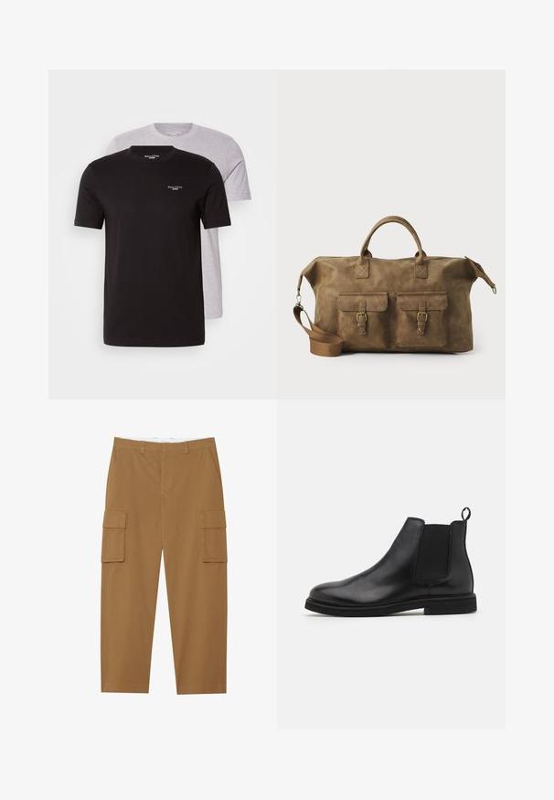 Kaks lühikeste varrukatega T-särki mustas ja helesinises värvitoonis, valmistatud puuvillast, ümmarguse kaelusega ja rinnal väikese logoga.; Pruunid cargo püksid, millel on kaks külgtaskut, lapik eesmine osa ja sirge lõige. Valmistatud vastupidavast kangast, millel on sile tekstuur.; Mustad mustad Chelsea saapad elastsete külgpanelidega ja tõmbenööridega. Ümar varvas ja lame kummitald, millel on sile viimistlus.; Pruun nahast nädalakott, millel on kaks esikotti, reguleeritav õlarihm, kuldne riistvara ja tugevad ülemised käepidemed. Sile tekstuur.