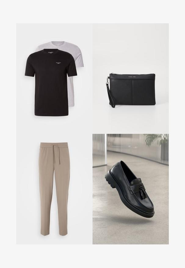 Kaks lühikeste varrukatega T-särki mustas ja helesinises värvitoonis, valmistatud puuvillast, ümmarguse kaelusega ja rinnal väikese logoga.; Heledad beezised püksid elastse vöökohtaga, reguleeritava paelaga ja kitsenevad sääred. Kanga pind näib sile ja kerge sära.; Mustad nahast mokassiinid, millel on sile viimistlus, dekoratiivne tutt, paks kummist tald ja õmmeldud detailid. Kerge ja voolujooneline disain.; Must musta klamber, millel on luku sulgemine, randme rihm ja sile tekstuur. Omab peent õmblust ja esiküljel on reljeefne logo.