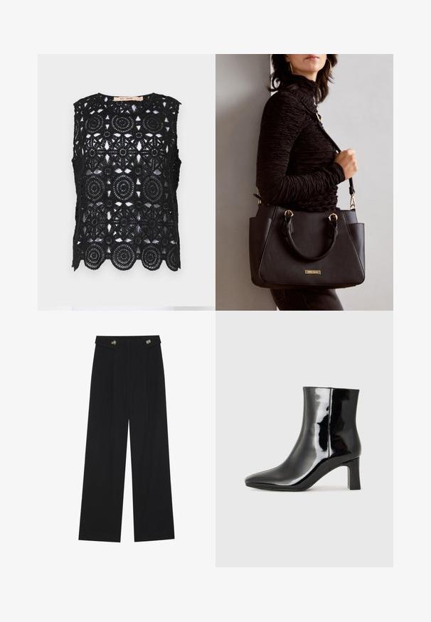 Melnā bezpiedurkņu blūze ar sarežģītu mežģīņu tamborējumu ar aplī un zvaigzņu motīviem, viļņotu apakšmalu, apaļu kakla izgriezumu un bez oderes.; Melnas platās bikses ar augstu jostasvietu, pogu detaļām uz jostas un priekšējām krokām.; Melnas patentētas ādas potīšu zābaki ar norādītu pirkstu un vidēja augstuma kvadrātveida papēdi. Gluda tekstūra un minimālisma dizains.; Melnā rokassoma ar teksturētu virsmu, diviem augšējiem rokturiem un regulējamu pleca siksnu. Iespējas ar zelta krāsas aparatūru un sānu kabatām.