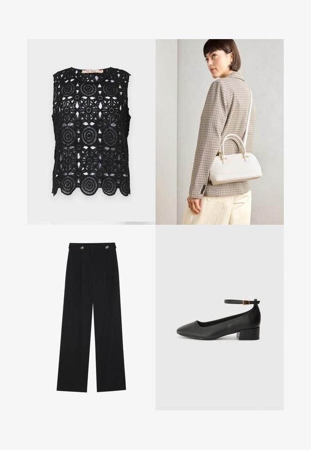 Fekete ujjatlan felső, aprólékos csipkés horgolással, kör- és csillagmotívumokkal, fodros szegéllyel, kerek nyakkivágással és bélés nélkül.; Fekete, bő szárú nadrág magas derékkal, gombos részletekkel a derékrészen és elülső pliszékkal.; Fekete bőr magassarkú cipő hegyes orral és alacsony tömb sarkal. Bokapánttal rendelkezik, aranyszínű csattal. Simább textúra.; Fehér, strukturált kézitáska rövid füllel és vállpánttal, arany színű fém kiegészítőkkel és texturált anyagból, szürke háttér előtt bemutatva.