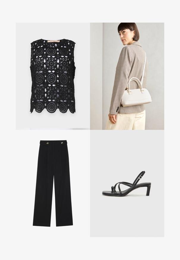 Top negru fără mâneci, cu un model intricată de croșetat din dantelă, cu motive circulare și stele, marginile ondulate, decolteu rotund și fără căptușeală.; Pantaloni negri cu picioare largi, talie înaltă, detalii cu butoane pe talie și pliseuri în față.; Sandal cu barete negre, cu vârf pătrat și toc mic de bloc. Prezintă mai multe barete subțiri și o bareta ajustabilă la gleznă. Fabricat din piele netedă.; Geantă structurată albă, cu mânere scurte și curea de umăr, având accente din metal aurit și material texturat, expusă pe un fundal gri.