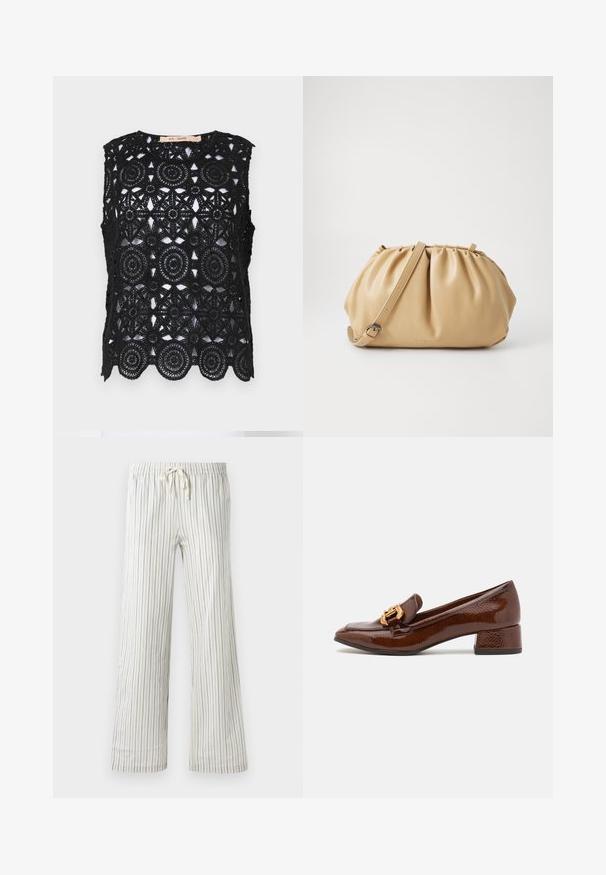 Svart ärmlös topp med intrikat spetscrochet-mönster med cirkulära och stjärnmotiv, vågig kant, rund halsringning och utan foder.; Vita drawstring-byxor med tunna vertikala blå ränder och resårmidja, visade framifrån på en neutral bakgrund.; Bruna läderloafers med en glänsande yta, försedd med en dekorativ guldkoppling på framsidan och en låg blockklack. Klassisk design.; Tan läderhandväska med plisserad design, justerbar rem och rundad form. Minimalistisk logotyp på framytan.