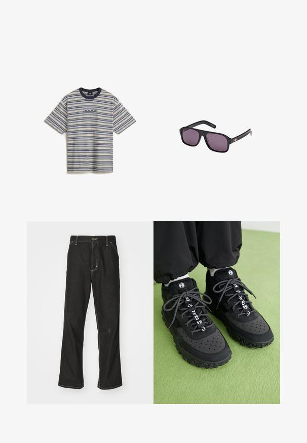 Vans CAMERON STRIPE - T-shirt print - white; Zwarte denim jeans met een losse pasvorm, voorzien van contrasterende witte stiksels, een knoopsluiting en een recht ontwerp.; Zwarte sneakers zijn gemaakt van een mix van leer en mesh-materialen, hebben een gestructureerde rubberen zool, opvallende perforaties en patroonveters met numerieke accenten.; Zwarte zonnebril met een vierkant frame, donkere lenzen en een gouden logoaccent op de arm. Gladde kunststof met een matte afwerking.