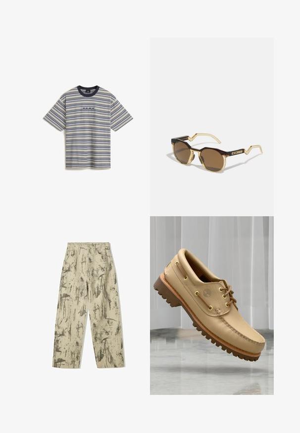 Vans CAMERON biały; Bershka - Jeansy loose fit; Jasnobrązowy skórzany but żeglarski z grubą, żebrowaną podeszwą i detalami w postaci sznurówki, unosi się nad marmurową podłogą i białymi pionowymi żaluzjami w tle.; Brązowe, okrągłe okulary przeciwsłoneczne z muszelkowym i przezroczysto-żółtym w ramie, kanciastymi zausznikami oraz teksturowanymi detalami na skroniach.