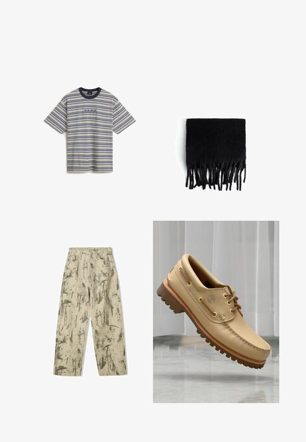 Vans CAMERON biały; Bershka - Jeansy loose fit; Jasnobrązowy skórzany but żeglarski z grubą, żebrowaną podeszwą i detalami w postaci sznurówki, unosi się nad marmurową podłogą i białymi pionowymi żaluzjami w tle.; Czarny szal z frędzlami, wykonany z miękkiego, wełnianego materiału. Posiada długie, nierówne frędzle wzdłuż dolnej krawędzi. Prostokątny kształt.