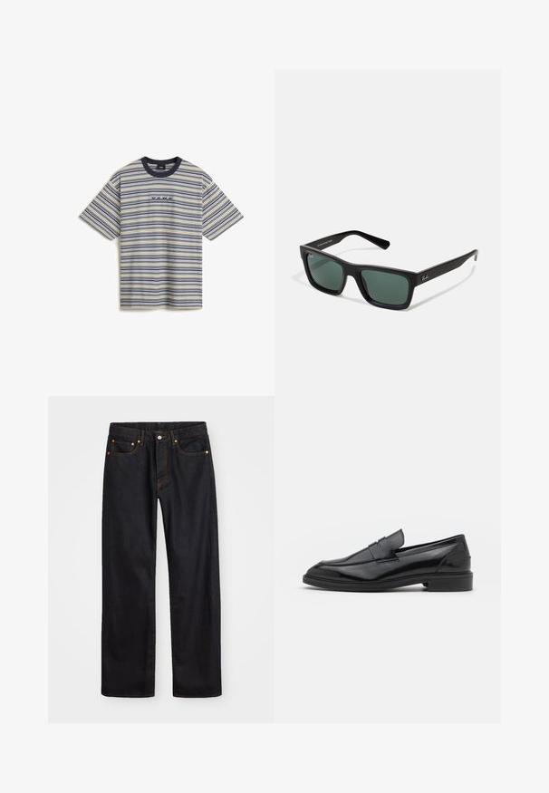 Vans CAMERON STRIPE - Print T-shirt - white; Men’s straight-leg black denim jeans with five pockets and orange stitching, button and zip closure on front waistband.; Black leather loafers with a smooth finish, featuring a rounded toe and a narrow band across the upper. Low stacked heel.; Black rectangular sunglasses with green lenses, featuring a matte finish, straight temples, and the Ray-Ban logo on the side.