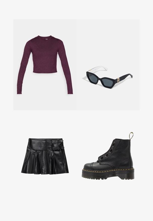 Långärmad, kort skjorta i mörklila, tillverkad av ett mjukt, lätt strukturert tyg med rundad halsringning och utan synliga mönster eller detaljer.; Svart läderkjol med veck, bred midjeband och två spänneaccent på sidan. Slät textur med en glansig finish.; Svart läderankelboot med texturerad yta, rund tå, snörningsdesign, gul stygn och en tjock, mönstrad svart plattformssula.; Tommy Hilfiger Solglasögon - blue