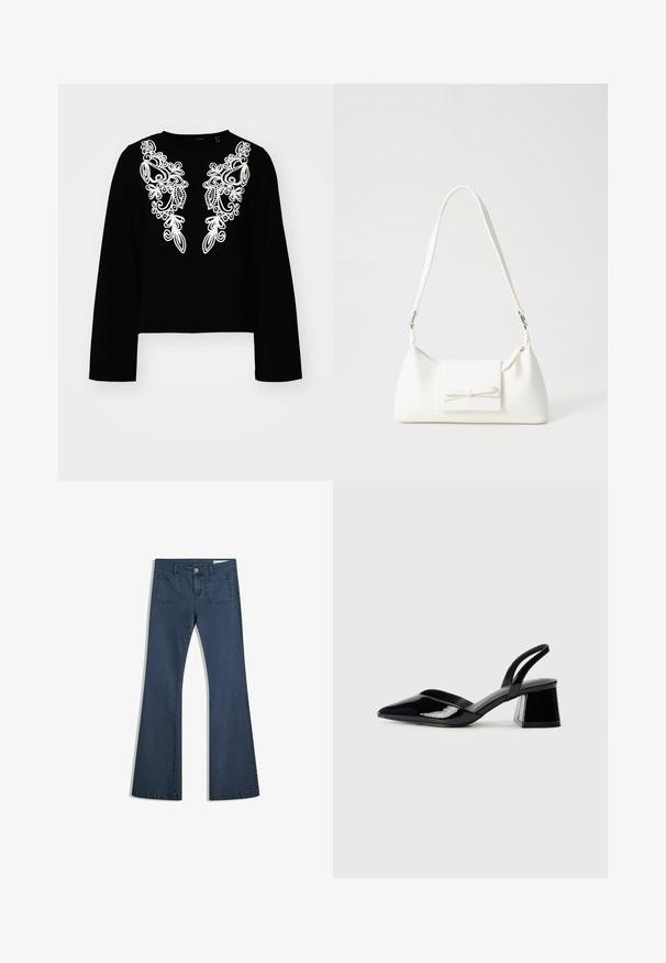 Top negru cu mâneci lungi și croi scurt, care prezintă broderie florală albă complexă pe față, cu un gât rotund și o textură netedă.; Jeans din denim de un albastru închis, cu o croială evazată, buzunare cusute, închidere cu nasture și o textură netedă. Are un design clasic cu cinci buzunare.; Pantofi cu toc slingback din piele lacuită neagră, cu vârf ascuțit și toc geometric. Prezintă un design elegant, minimalist și o textură netedă.; Geantă sintetică albă, cu formă triangulară, capac frontal plat și detaliu cu fundă, curea ajustabilă, textură netedă și design minimalist.