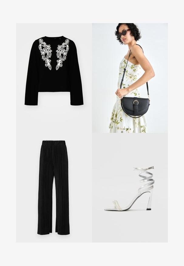 Fekete, hosszú ujjú, cropped top, különleges fehér virágmintás hímzéssel az elején, kerek nyakkivágással és sima tapintással.; Fekete pliszírozott nadrág gumis derekkal. Széles lábakkal rendelkezik, sima, texturált anyagból készült, függőleges csíkokkal.; Ezüst színű, magas sarkú szandál, csillogó pánt dizájnnal, gyöngyszerű díszítéssel és spirális bokapánttal a biztos illeszkedés érdekében.; Fekete bőrtáska ívelt formával, levehető pánttal és arany színű fémrészekkel. A táskán egy csattal díszített fedél található.