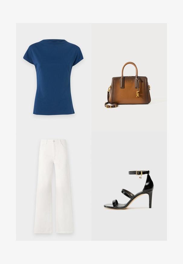 Tiger of Sweden ALITTA - Jednoduché tričko - deep blue; Černá kožená košile s knoflíkovou přední částí, špičatým límcem a dvěma náprsními kapsami. Vyznačuje se volným střihem a hladkou texturou.; Bílé džíny s vysokým pasem a širokými nohavicemi vyrobené z denimové látky. Mají zapínání na knoflík, dvě přední kapsy a boční švy se švy.; Černé lakované kožené sandály se třemi pásky, sponou na kotníku a 10 cm jehlovým podpatkem. Obsahují zlaté kovové detaily a logo přívěsek.; Hnědá kožená kabelka s dvojitými uchy, odnímatelným ramenním popruhem, zlatými kovovými doplňky a dekoračním přívěskem se slabikou "MK."