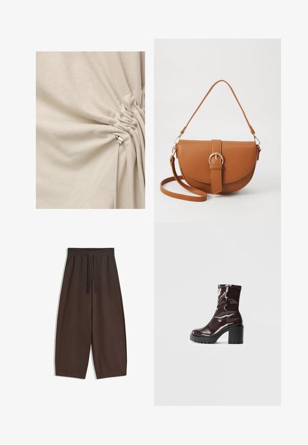 Romige stof samengebracht en vastgemaakt met een zilveren metalen cord lock in een trekkoorddetail.; Bruine broek met brede pijpen gemaakt van zacht materiaal, voorzien van een elastische tailleband en trekkoord, met een gladde textuur en een strak ontwerp.; Glanzende bordeauxrode enkelboot met een chunky zwarte hak, met een gladde textuur en een eenvoudig ontwerp. Geen zichtbare sluitingen of patronen.; Bruine leren schoudertas met een gebogen vorm, gouden hardware en een gespaccent. Bevat een afneembare schouderriem.