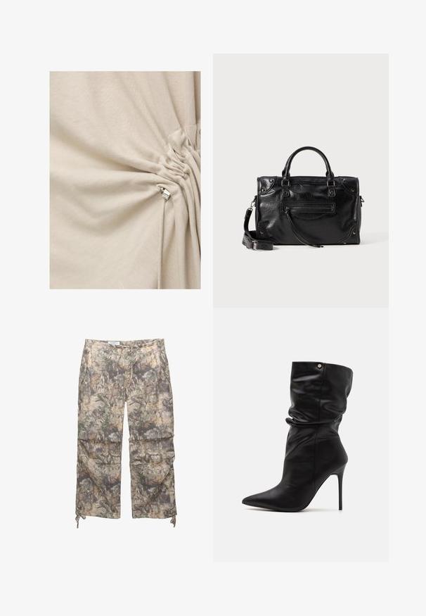 Cremefarvet stof samlet og snøret med en sølvmetal lås på en snor.; Camo-mønstrede bukser lavet af letvægtsstof, med elastisk taljebånd, sidelommer og justerbare snore ved anklerne.; Even&Odd Wide Fit Højhælede støvletter - black; Sort læderhandtaske med to korte håndtag og en aftagelig skulderrem. Har en frontlomme med lynlås og metaldetaljer. Tekstureret overflade.